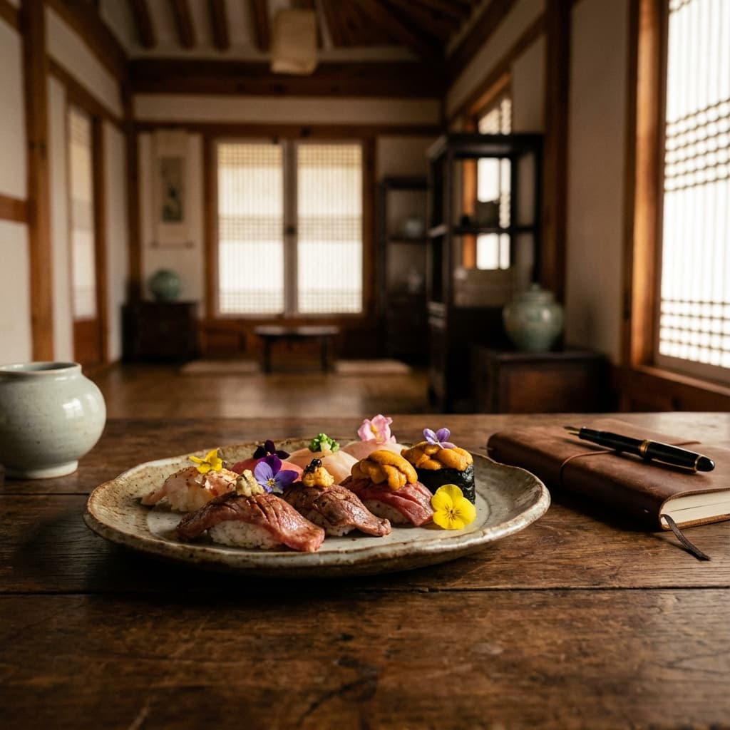 Fusion sushi on antique table